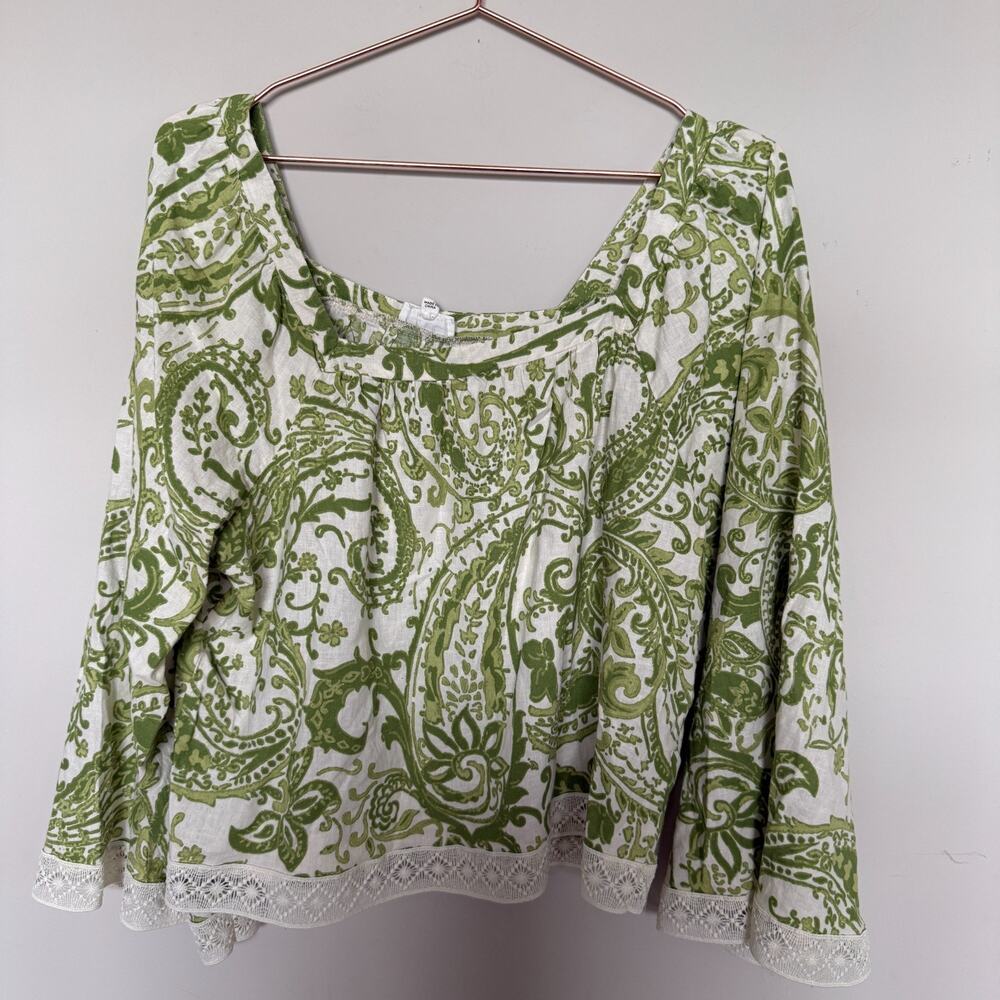 Rachel Zoe Women Linen Blouse Large Paisley Square Neck Resortwear Beach Cottage - Picture 2 of 8